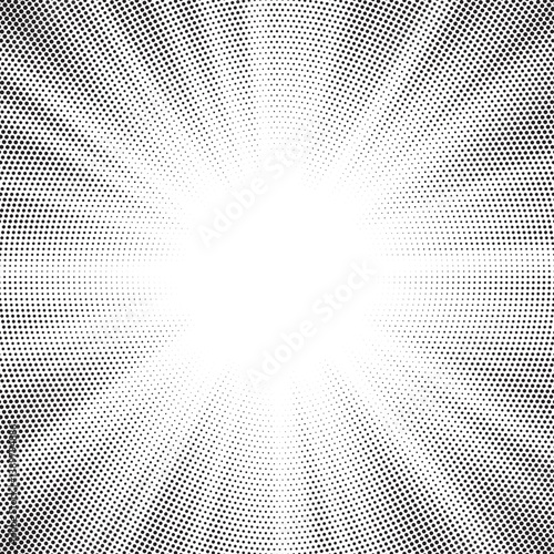 Halftone gradient sun rays pattern. Abstract halftone vector dots background. monochrome dots pattern. Vector background in comic book style with sunburst rays and halftone. Retro pop art design.