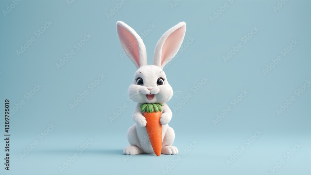Obraz premium Cute Cartoon Rabbit Holding Carrot on Solid Color Background with Cheerful Expression