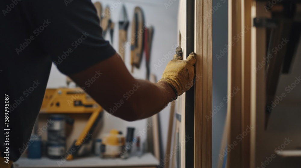 A construction worker fitting a door frame into a wall. Featuring care and expertise A construction worker fitting a door frame into a wall. Featuring care and expertise