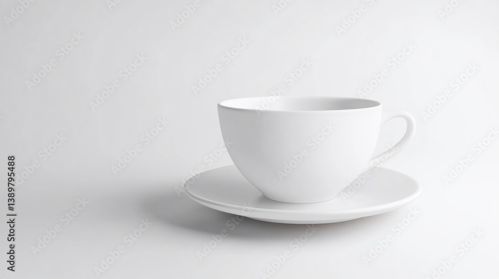 Elegant white ceramic teacup and saucer on a pristine white background Elegant white ceramic teacup and saucer on a pristine white background