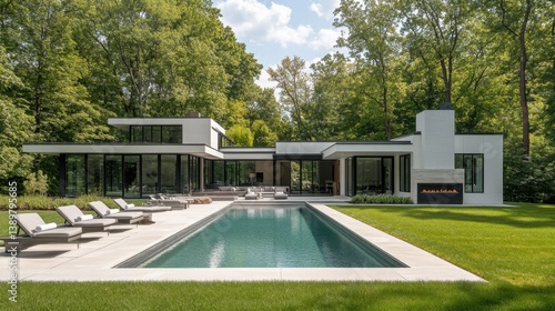 Wallpaper Mural High-end modern house backyard with infinity pool, lounge seating, and outdoor fireplace Torontodigital.ca