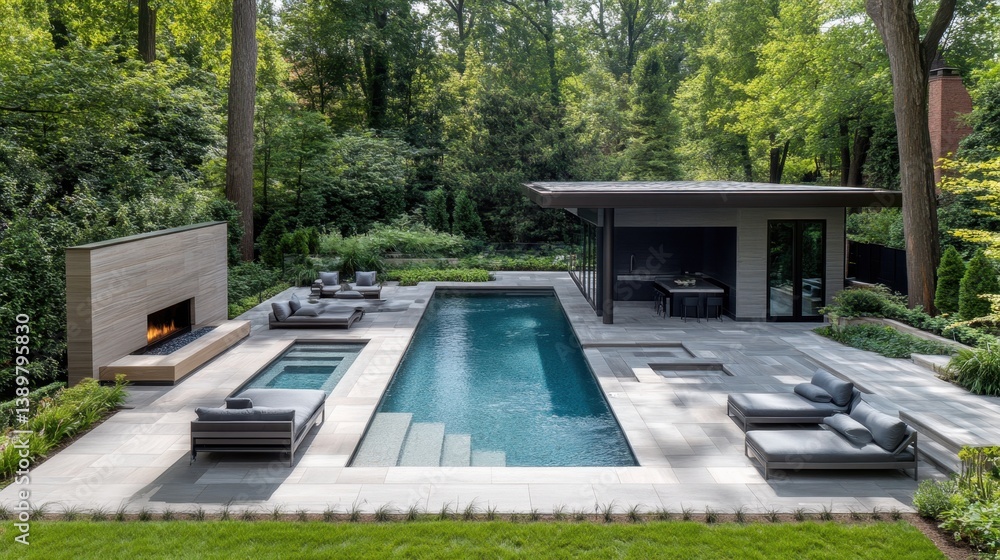 Fototapeta premium High-end modern house backyard with infinity pool, lounge seating, and outdoor fireplace