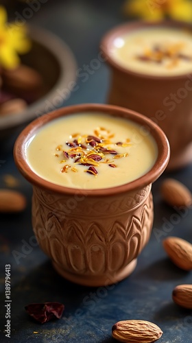Traditional Indian kesar badam saffron almond milkshake served in clay cup