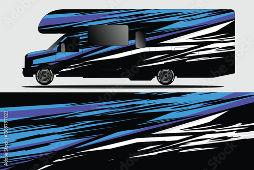 Stylish camper van with dynamic blue and black design, parked on a neutral background, ideal for travel