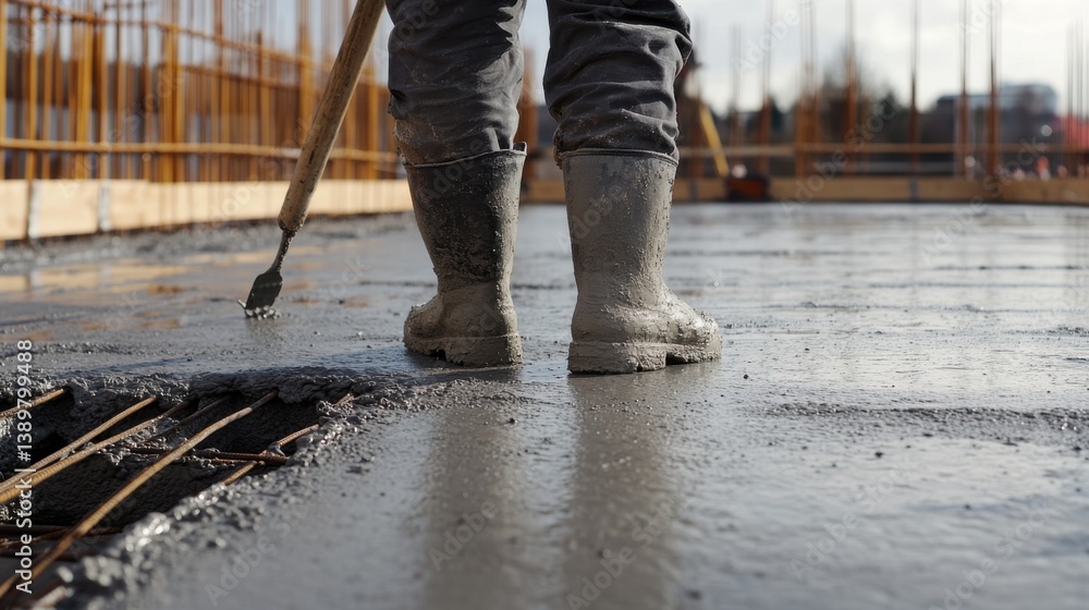 A construction worker inspecting a concrete slab at a construction site. Featuring analysis and precision A construction worker inspecting a concrete slab at a construction site. Featuring analysis and precision