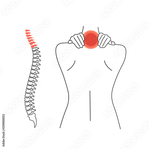 Vector outline woman with neck pain in the cervical spine. Line sick body with inflammation and ache in the back. Medical problem of backache