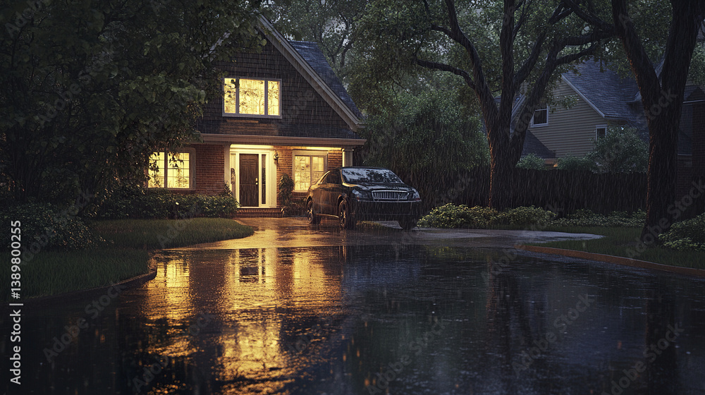 Obraz premium Rainy suburban house with warm lights reflecting on wet driveway