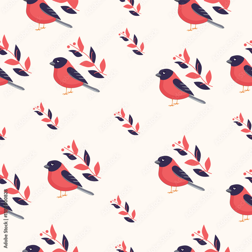 Seamless pattern with red cartoon bullfinches on a light background, surrounded by berries and decorative leaves Seamless pattern with red cartoon bullfinches on a light background, surrounded by berries and decorative leaves