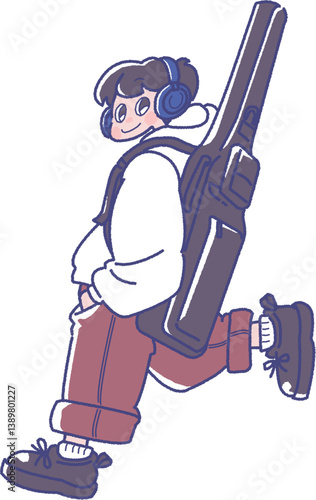 ギターを背負った男の子のイラスト