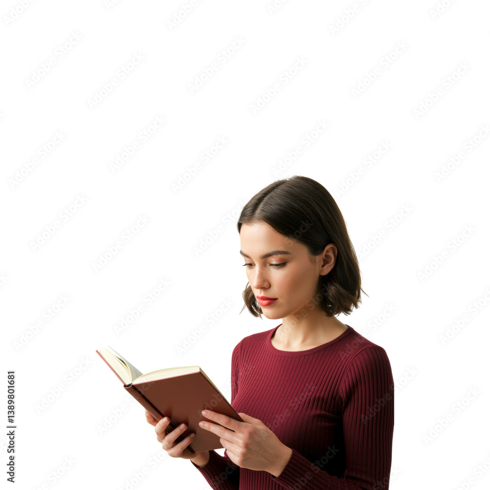 Woman Reading a Book Isolated on Transparent Background– Relaxation, Education, and Leisure Concept Woman Reading a Book Isolated on Transparent Background– Relaxation, Education, and Leisure Concept
