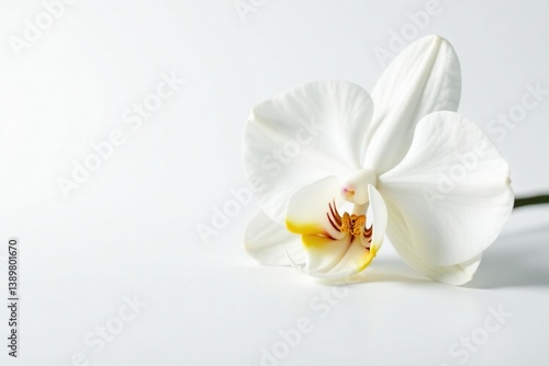Delicate white orchid blossom against pure white background, stock photo, serene