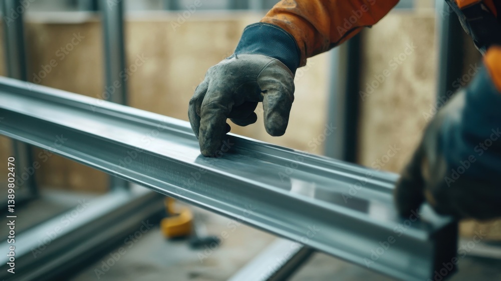 A construction worker installing a steel doorframe in a new building. Featuring precision and care A construction worker installing a steel doorframe in a new building. Featuring precision and care