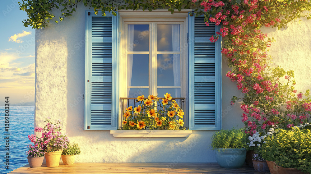 Charming seaside window with blue shutters and vibrant flowers