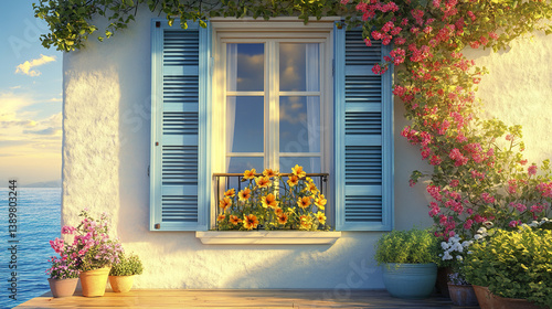 Obraz na płótnie Charming seaside window with blue shutters and vibrant flowers w salonie