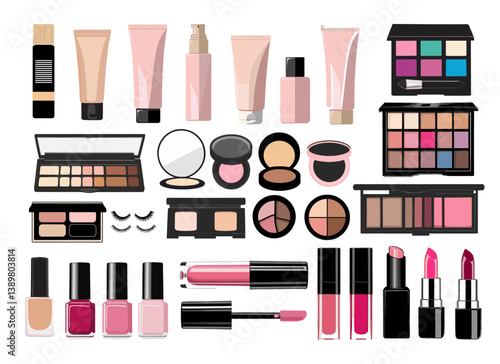 A collection of makeup products including lipsticks, nail polish, and eye shadow. Concept of abundance and variety, with many different shades and colors available