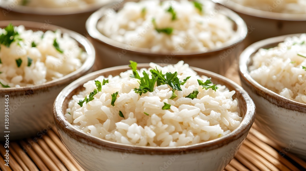 Delicious Steamed Rice in Bowls Garnish with Parsley