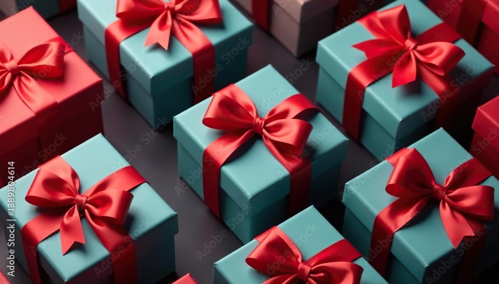 Elegant red ribbon tied gift boxes, repeating pattern, joyful, gifts, boxes Elegant red ribbon tied gift boxes, repeating pattern, joyful, gifts, boxes
