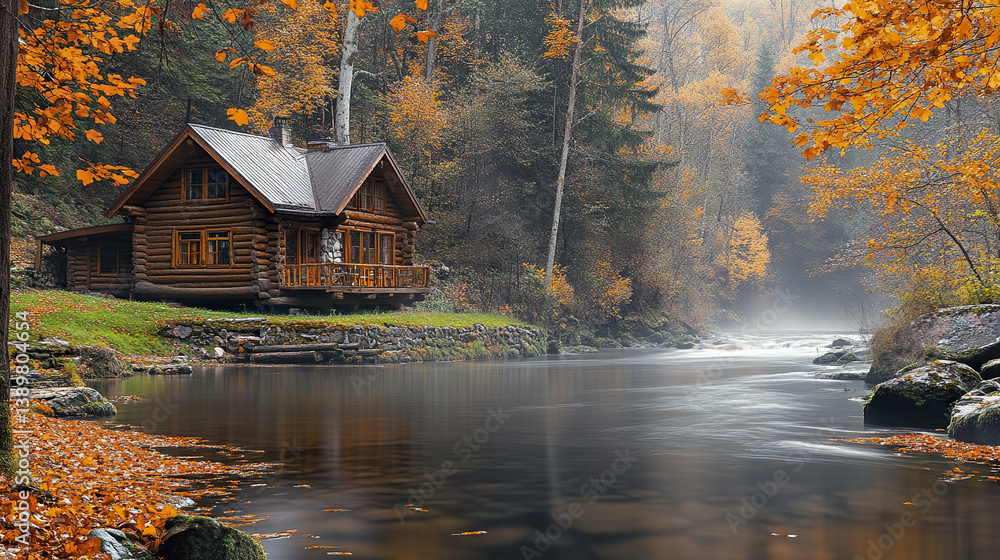 Fototapeta premium rustic log house by river surrounded by autumn leaves and mist