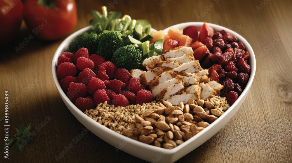 Heart-shaped bowl filled with colorful healthy meal of grilled chicken, raspberries, broccoli, almonds, and assorted fruits on a wooden table Heart-shaped bowl filled with colorful healthy meal of grilled chicken, raspberries, broccoli, almonds, and assorted fruits on a wooden table