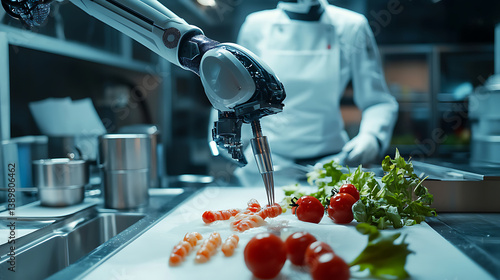 Fototapeta Naklejka Na Ścianę i Meble -  An AI powered robotic food lab, automated chefs preparing gourmet meals with molecular gastronomy techniques, Culinary tech style
