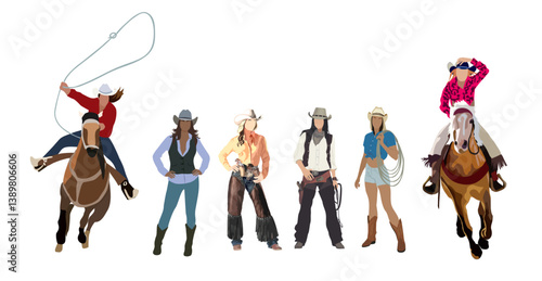 Set of Cowgirl in traditional western clothes with lasso and gun. Wild west concept. Attractive women in cowboy boots and hats. Vector realistic illustration isolated