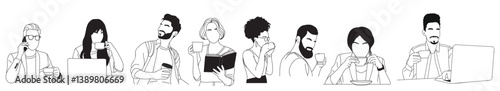 Set of Different business people drinking coffee, tea. Men, women working on laptop, talking by phone, reading book with cup of hot beverage drink. Simple outline vector drawing isolated 