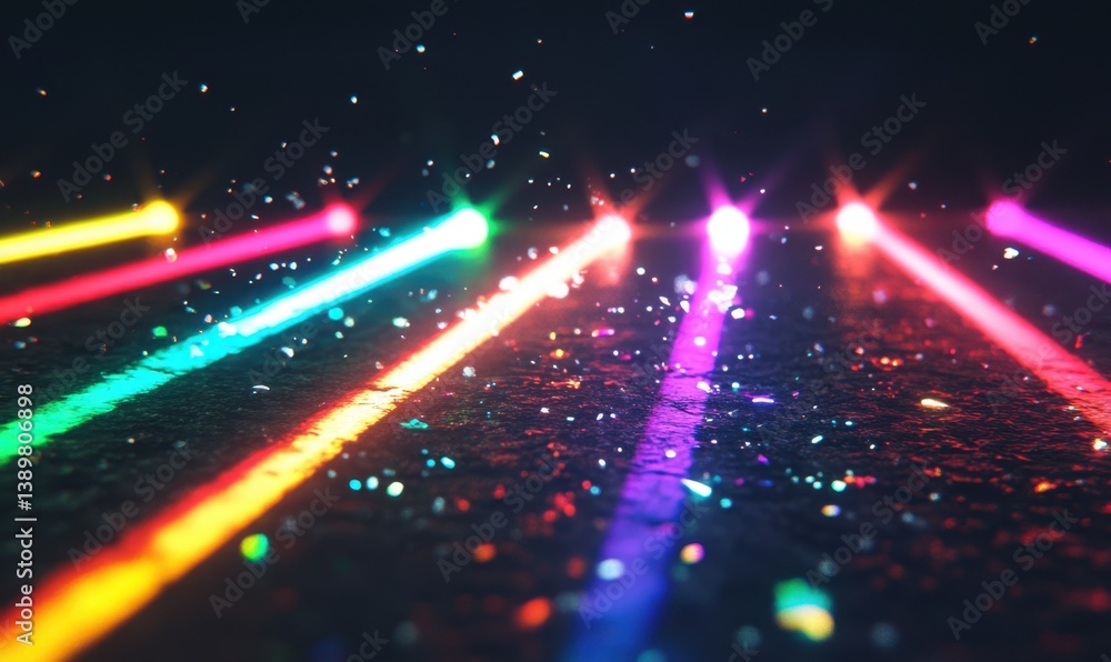Colorful neon lights on textured surface, night scene, particle effects, abstract background, ideal for music or tech Colorful neon lights on textured surface, night scene, particle effects, abstract background, ideal for music or tech
