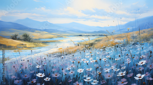 azure flower field oil painting background poster decoration painting