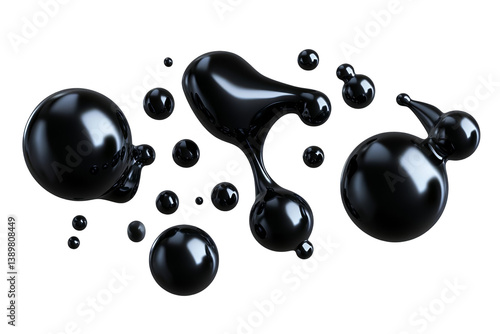 3D Illustration Of Abstract Black Spheres Bubbles Fluid On Black Background