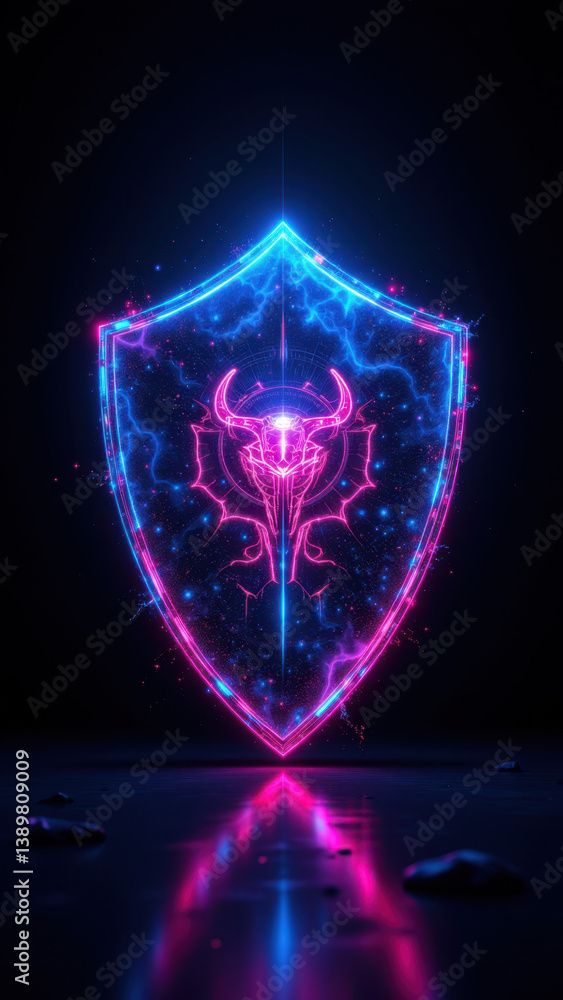 Fototapeta premium A vibrant digital shield with a cybernetic and energy-filled design, symbolizing cybersecurity and internet protection.