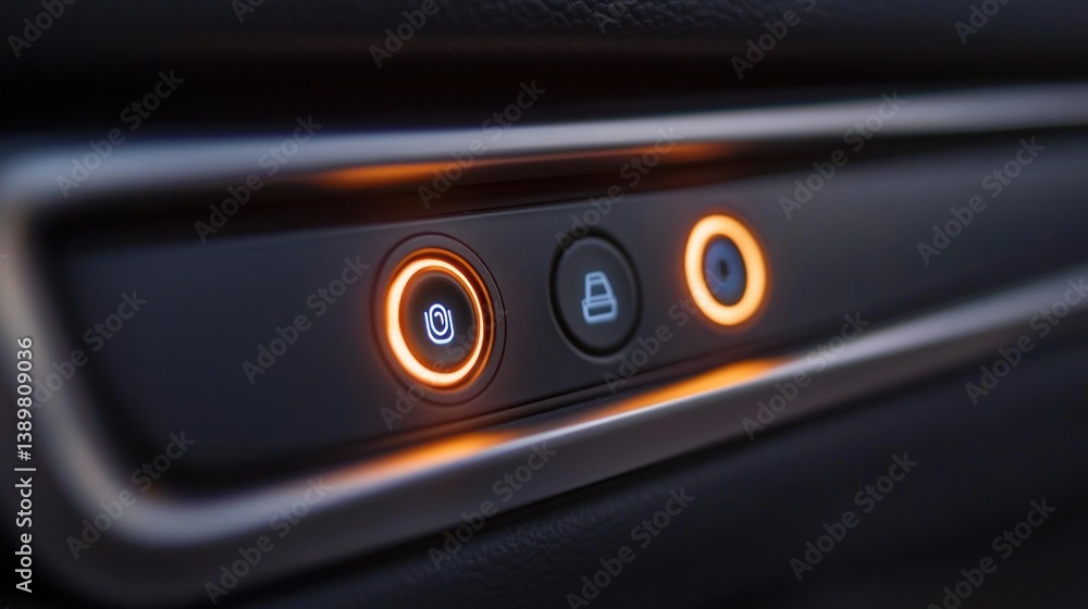 Close-up of illuminated car control panel. Interior car buttons glow softly Close-up of illuminated car control panel. Interior car buttons glow softly