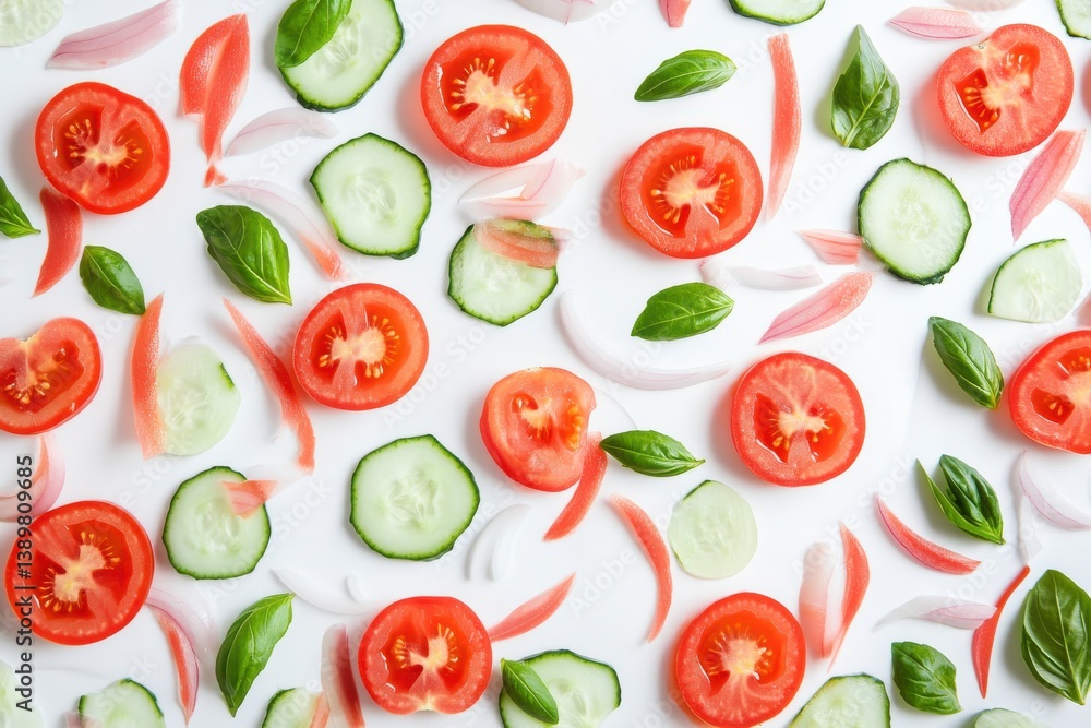 Vibrant summer salad ingredients juicy tomatoes crisp cucumbers fresh basil and red onion arranged Vibrant summer salad ingredients juicy tomatoes crisp cucumbers fresh basil and red onion arranged