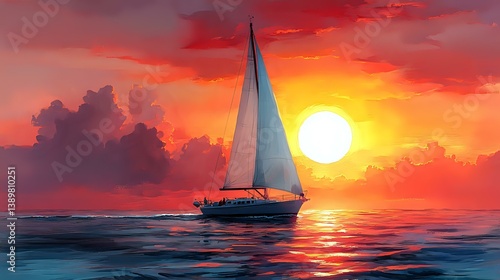Sailboat silhouette gliding across calm ocean waters during dramatic red and orange sunset with glowing sun and reflective waves creating peaceful seascape.
