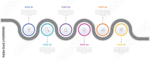 Infographic roadmap design template. Business Timeline of 6 Important Business Events annual business presentation. Vector illustration