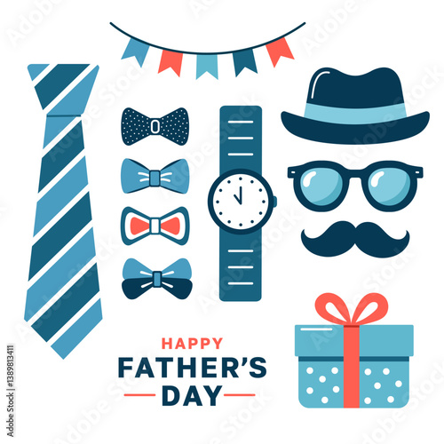 Set of elements for Father's Day celebration with tie, watch, mustache, hat, glasses, magnifying glass, butterfly, flags. Vector illustration for banner, template, poster, flyer, social media.
