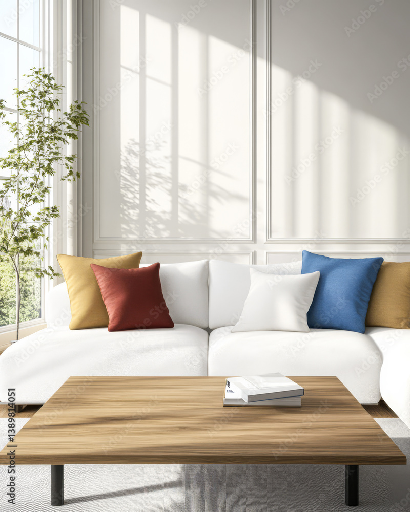 Modern living room with bright sunlight and comfortable seating area Modern living room with bright sunlight and comfortable seating area