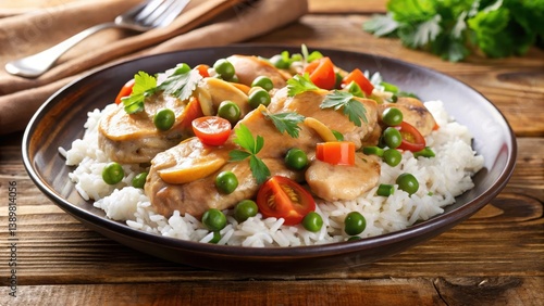 Chicken fricassee on a plate with steaming basmati rice and fresh vegetables, cooking technique, savory,  cooking technique