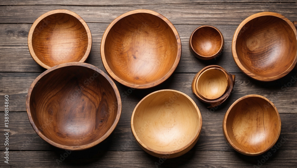 Empty Wooden Bowls Viewed from Above for Culinary Inspiration Empty Wooden Bowls Viewed from Above for Culinary Inspiration