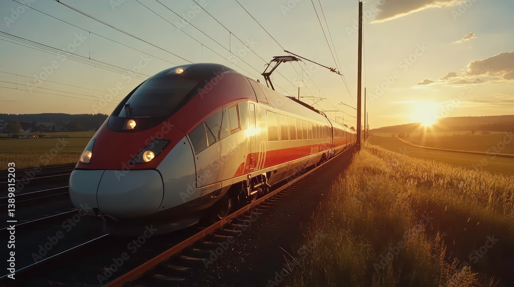 Fototapeta premium Red, white high-speed train travels along tracks at sunset. Vibrant colors. Fast train journey on railway line. Modern transportation. Beautiful view of train tracks. Sunset light shines on train.