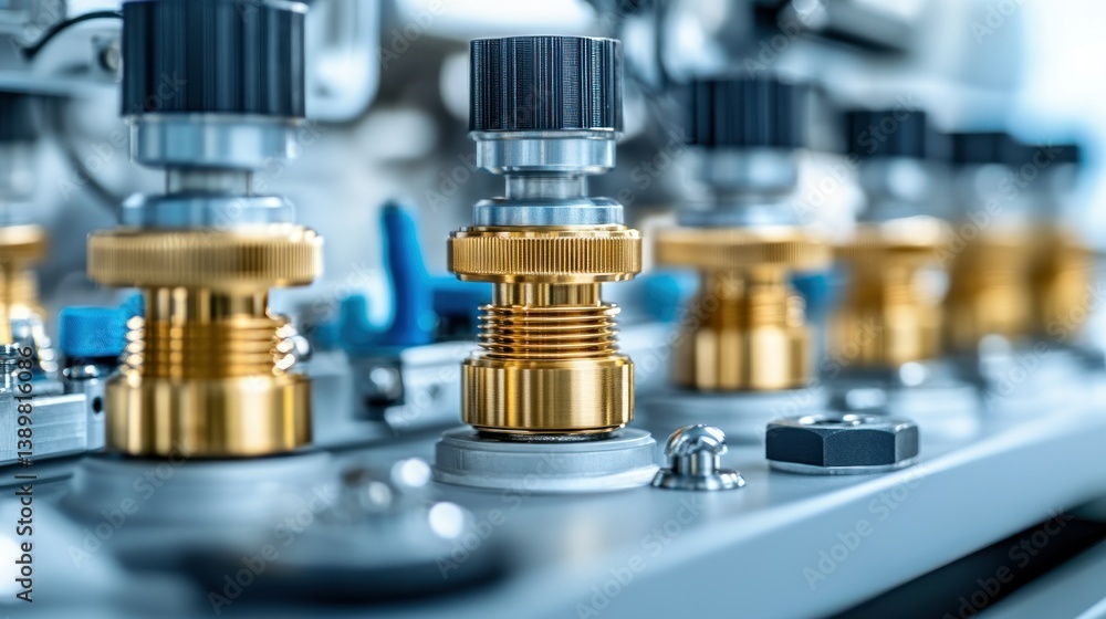 Close-up of precision engineered components. Multiple brass and metal parts, meticulously assembled, showcase high-tech manufacturing Close-up of precision engineered components. Multiple brass and metal parts, meticulously assembled, showcase high-tech manufacturing
