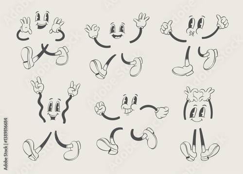 Retro groovy shopping mascot, vintage cartoon shopping cart and bags characters, rubber hose style