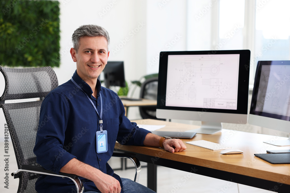 Portrait of smiling engineer at table with devices in office Portrait of smiling engineer at table with devices in office