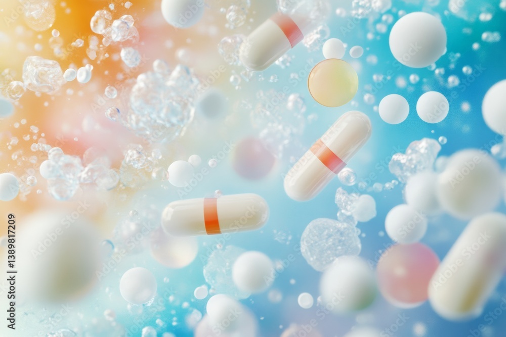 medication with pills and soft, dreamy elements floating in a clean space with ample room for text medication with pills and soft, dreamy elements floating in a clean space with ample room for text