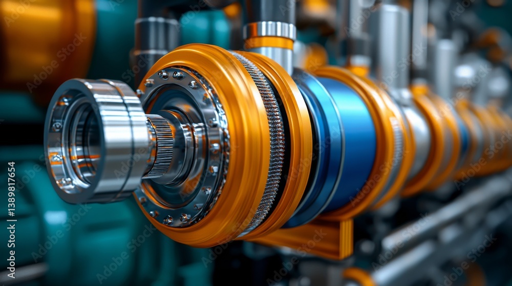 Obraz premium Close-up of a vibrant mechanical component with orange and blue details