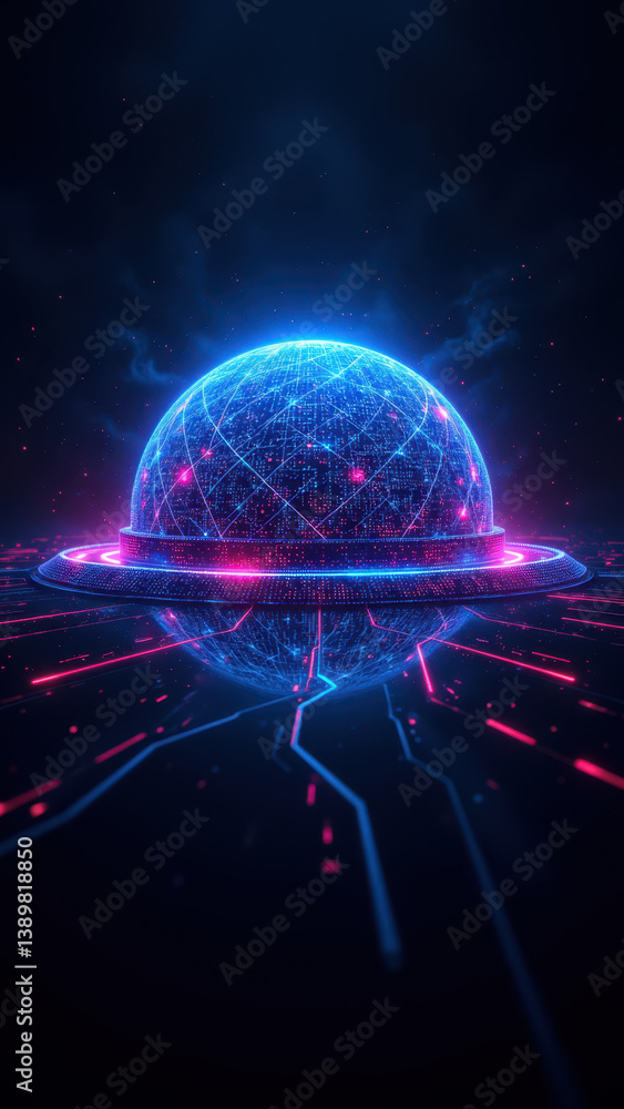 Obraz premium Futuristic digital cyber security illustration with glowing blue orb and circuit lines on a dark background.
