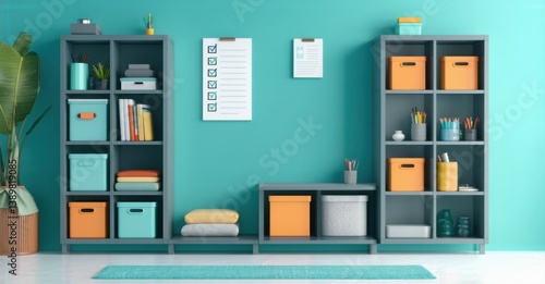 Wallpaper Mural Smooth teal and gray home organization app icon with neatly arranged shelf and decluttering checklist realistic detailed glossy style round square shape modern app icon bold vi Torontodigital.ca