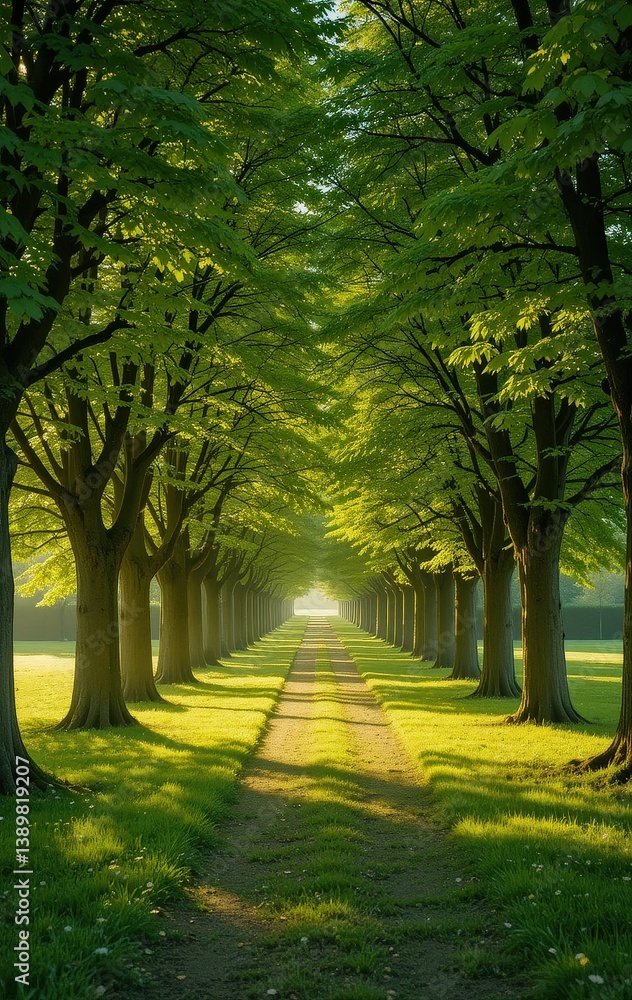 Obraz premium A serene path meanders through a lush green field, bordered by tall, leafy trees. Sunlight filters through the branches, casting dappled shadows on the ground, inviting exploration.