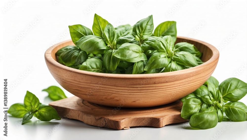 Fresh Basil Leaves in a Wooden Bowl for Culinary Inspiration