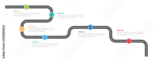 Infographic roadmap design template. Business Timeline of 6 Important Business Events annual business presentation. Vector illustration