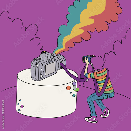 Vector colorful illustration of a photographer capturing vibrant images with a camera, showcasing creative expression through art and photography. Isolate on clean background,